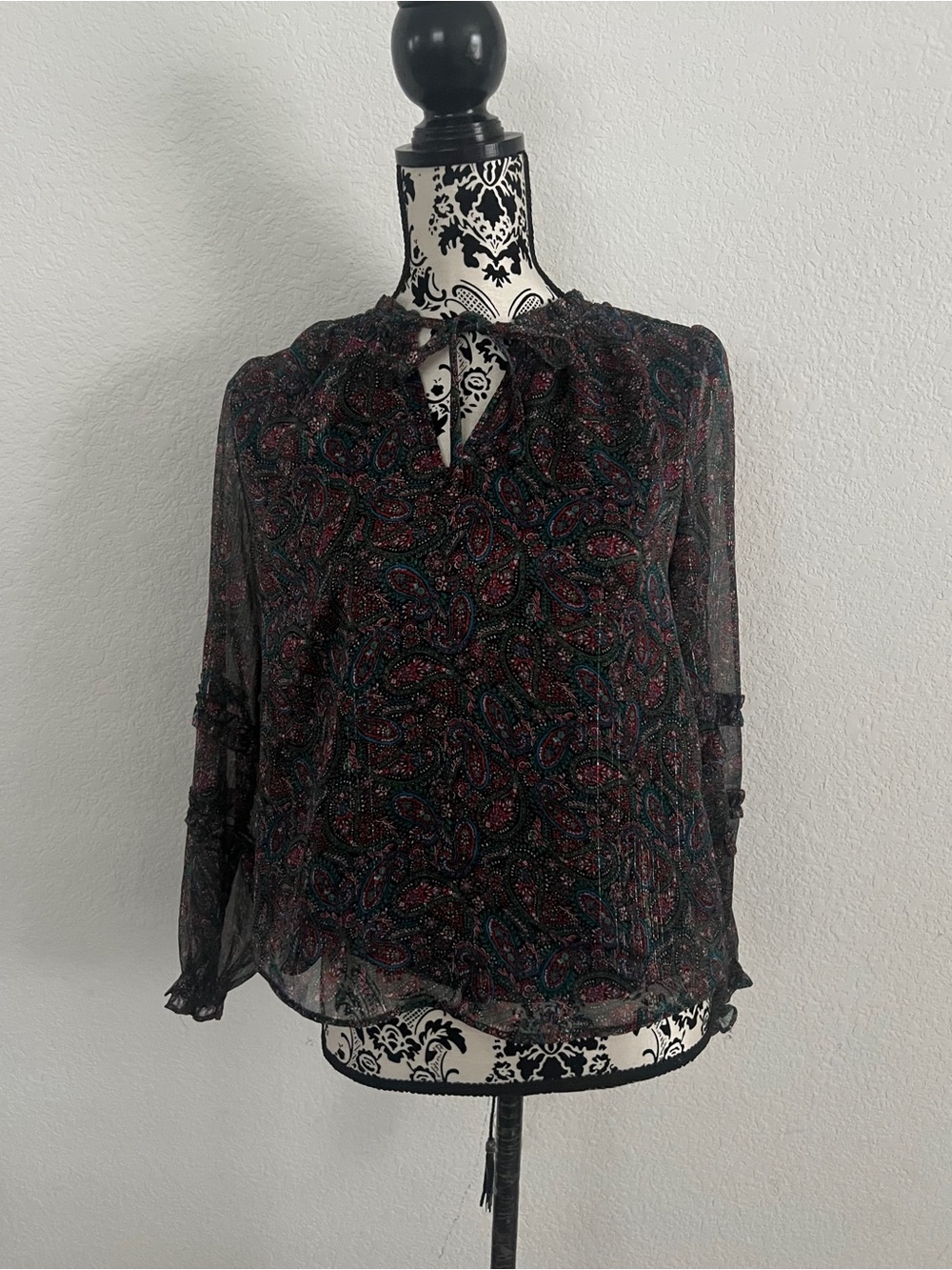 LOFT Petites Paisley Sheer Tie Neck Blouse Size SP Black Teal Burgundy